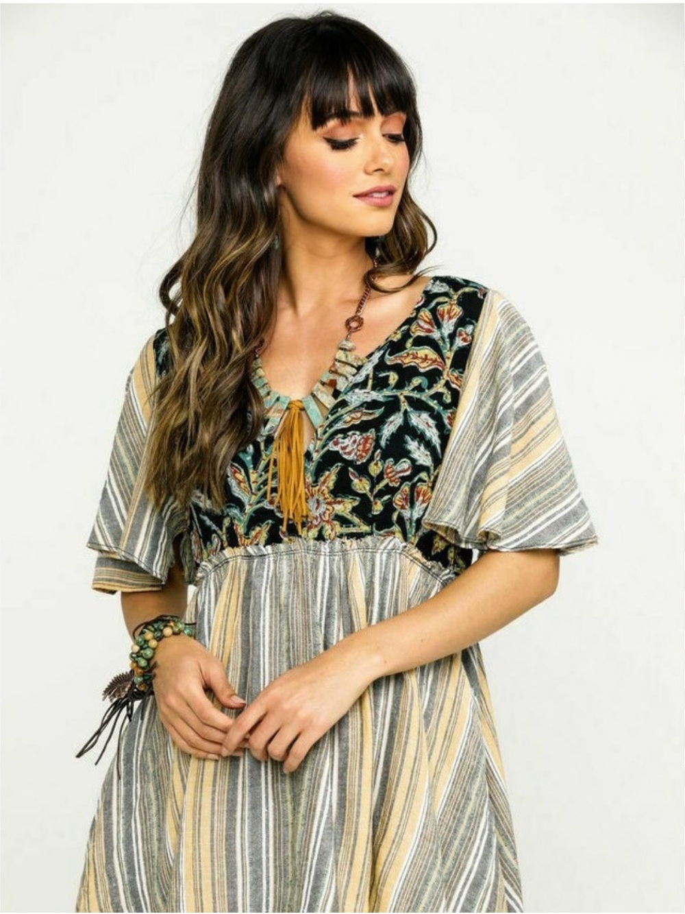 Free People Striped Boho Tunic with Embroidered Black Yoke and Mustard Tassel